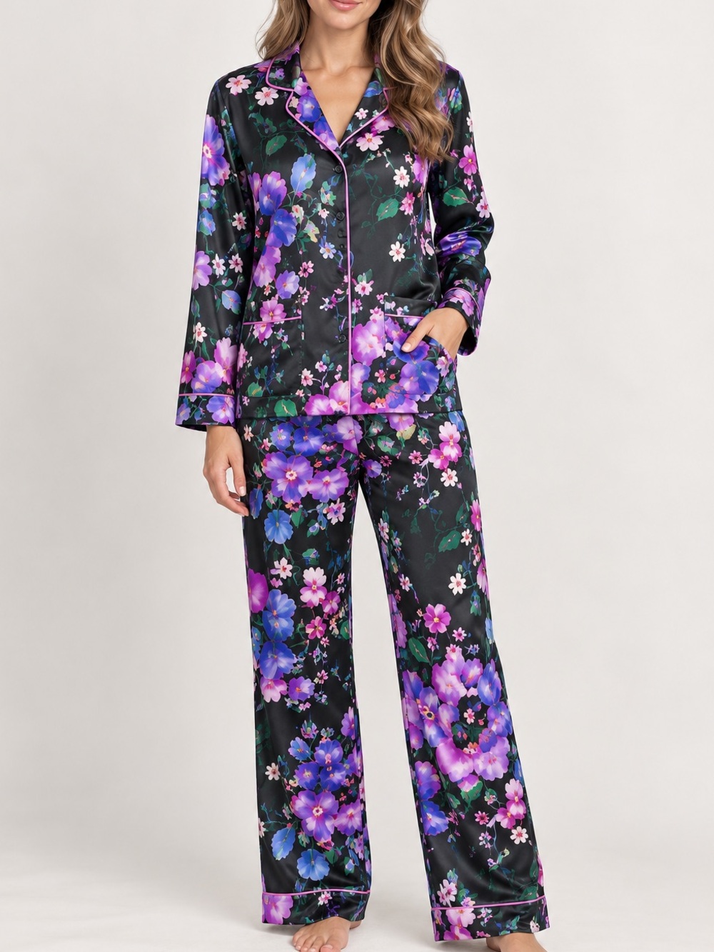 Victoria’s Secret Pajama Set Small Black Purple Floral Satin Button Up Pants